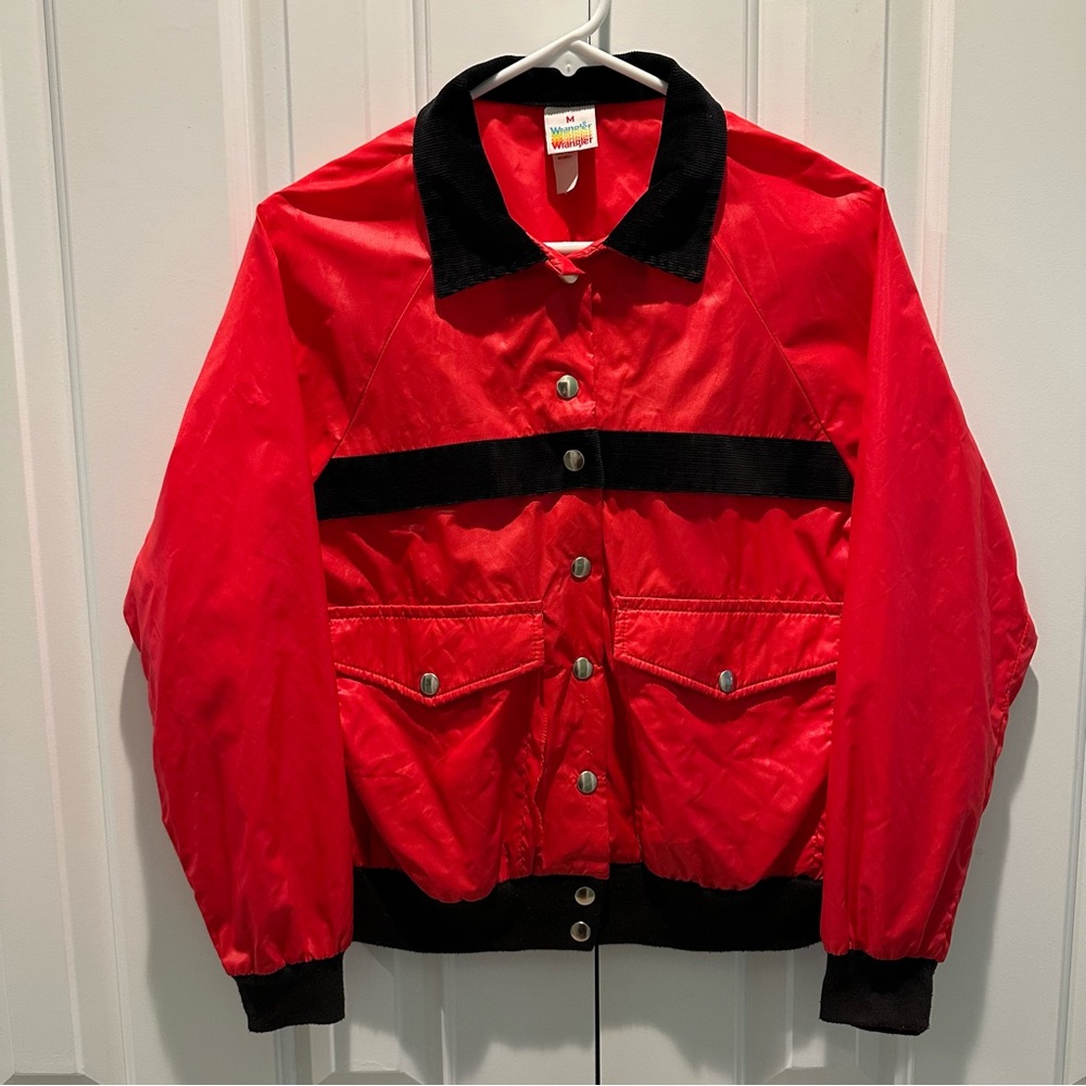 Wrangler Vintage Nylon Windbreaker Jacket, Red w/ Black Corduroy Trim M